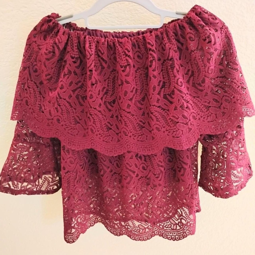Maroon Lace Off The Shoulder Boho Peasant Fairycore Whimsy Crop Top